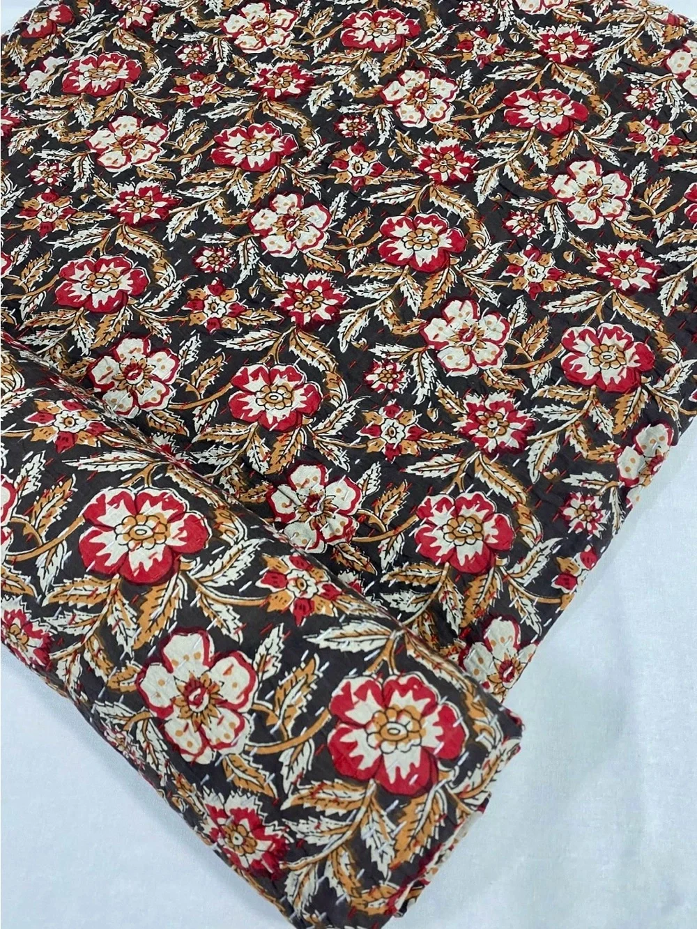 Black and Red Floral Kantha Quilt